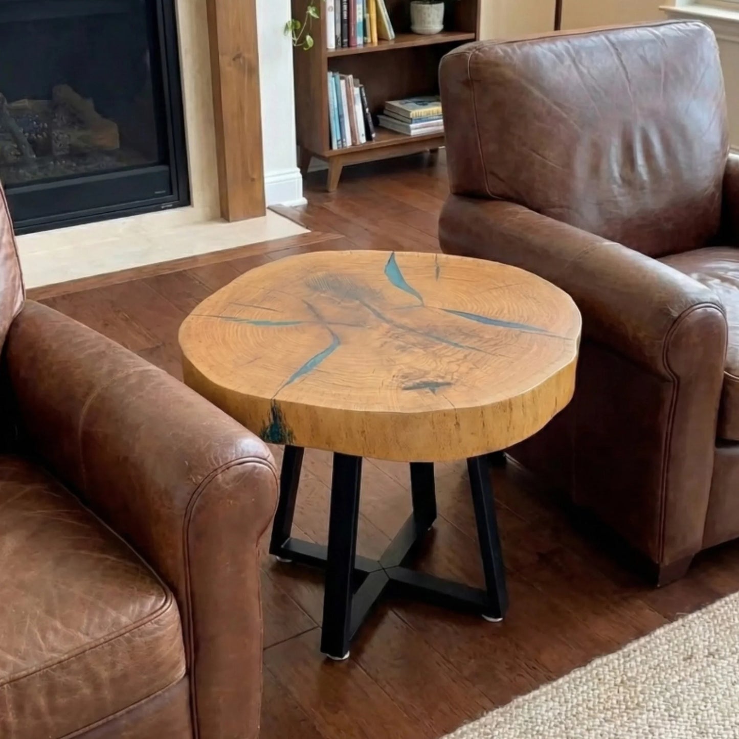 LIVE EDGE PECAN ACCENT TABLE WITH BLUE EPOXY