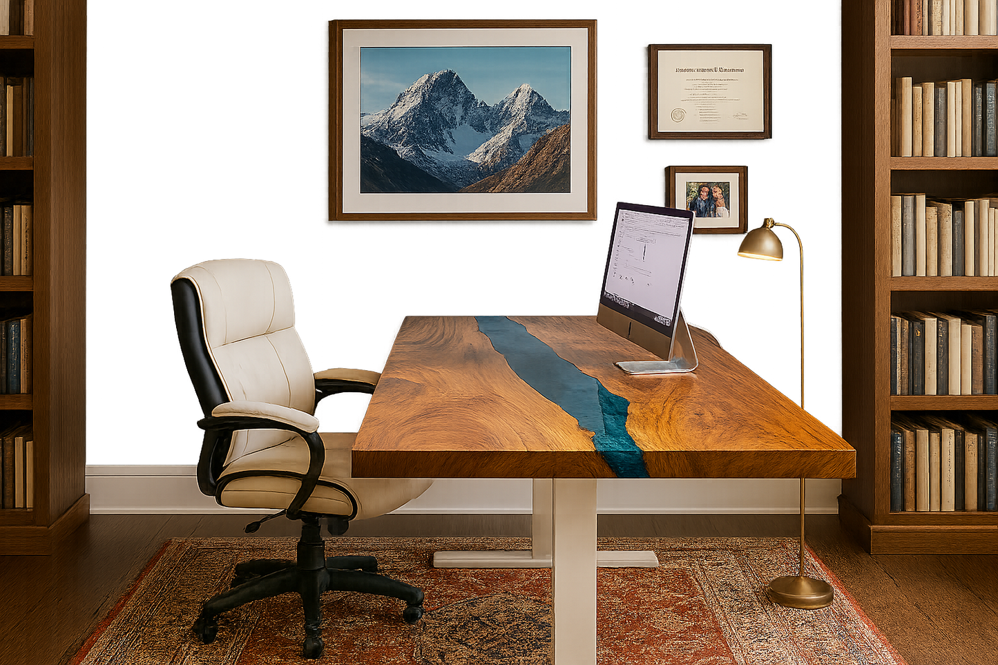 WALNUT LIVE EDGE DESK - BLUE-SILVER EPOXY RIVER