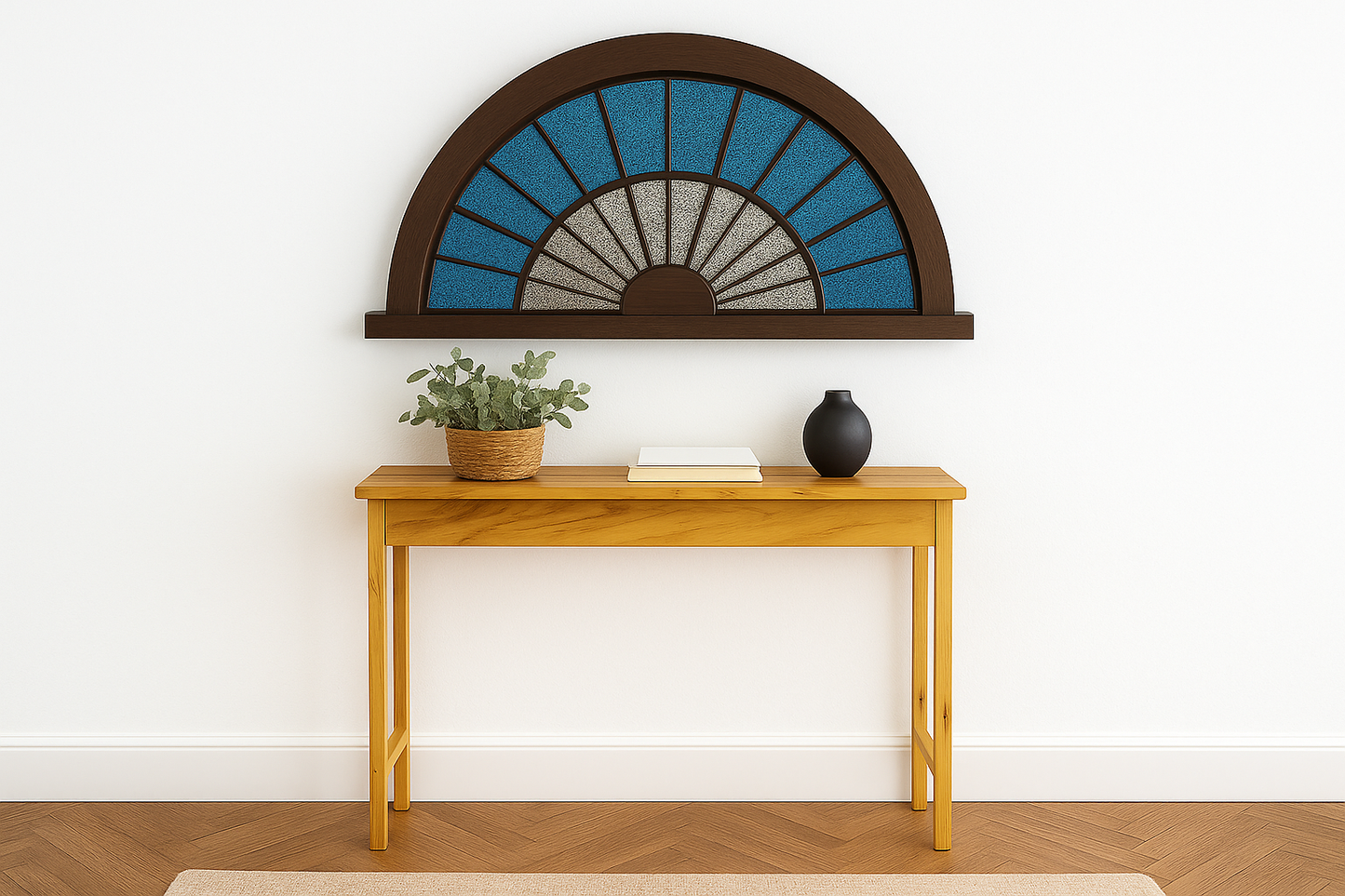 VINTAGE STAINED GLASS SEMI CIRCULAR WINDOW