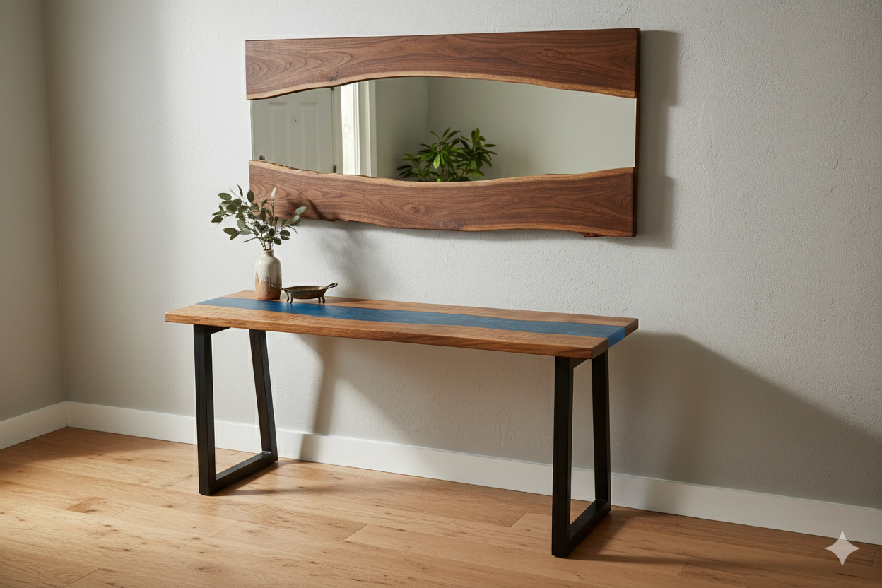 LIVE EDGE PINE ACCENT TABLE WITH BLUE EPOXY RIVER