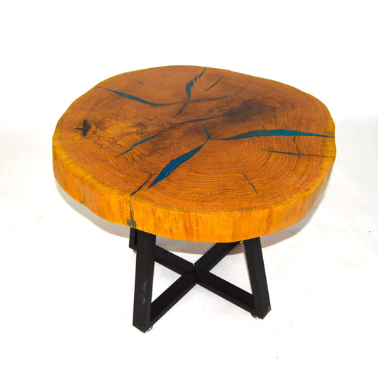 LIVE EDGE PECAN ACCENT TABLE WITH BLUE EPOXY